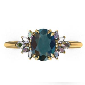 Sapphire Engagement Ring, Floral Sapphire Ring, Teal Sapphire Ring