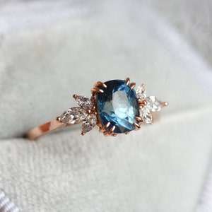 Sapphire engagement ring, Blue sapphire ring, Side diamond ring, Cushion cut ring, Flower ring image 6