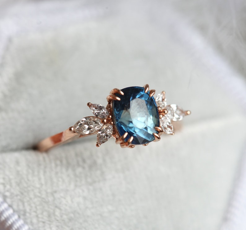 Sapphire engagement ring, Blue sapphire ring, Side diamond ring, Cushion cut ring, Flower ring image 6