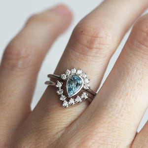 Halo Aquamarine Engagement Ring with V Diamond Band, Blue Aquamarine Diamond Ring, March Ring, Diamond Aquamarine Wedding Set