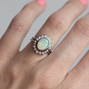 Australian Oval Opal and Diamond Ring Set, Australian Opal Diamond Engagement Ring Set