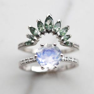Moonstone engagement ring set, Moss agate matching band, Unique mossy wedding set, Pave diamond band