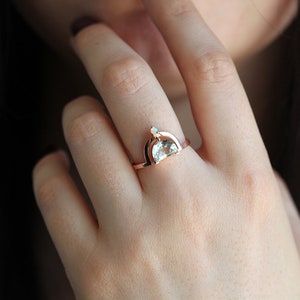 Green amethyst engagement ring, Half moon ring, Unique opal ring, Crescent cut boho ring image 7