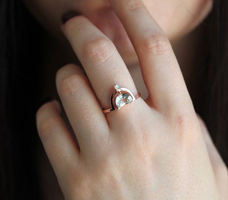 Green amethyst engagement ring, Half moon ring, Unique opal ring, Crescent cut boho ring image 7