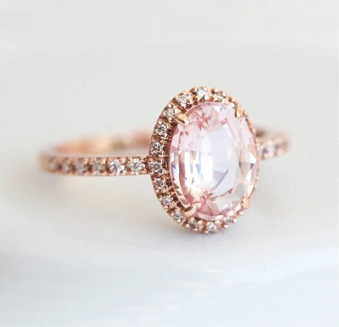 Oval Peach Sapphire Halo Diamond Ring, Gold Oval Sapphire Ring, Oval ...