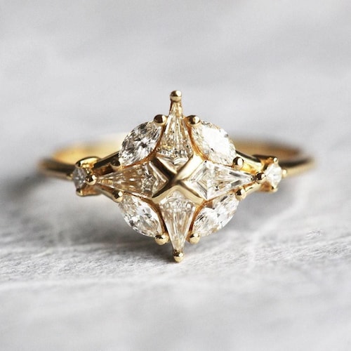 Bague de fiançailles en diamant unique, bague en grappe de diamants géométriques, bague en diamant 18 carats