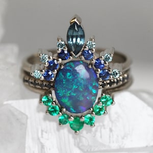 Black Opal Ring Set, Unique Engagement Set, Teal Blue Wedding Set ...
