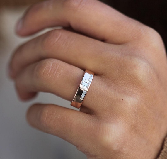 Unique Rose Gold Diamond Wedding Band, Baguette Diamond Wedding