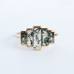 Art deco engagement ring, Moss agate ring, Baguette cut ring, Unique green ring image 5