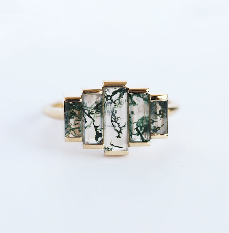 Art deco engagement ring, Moss agate ring, Baguette cut ring, Unique green ring image 5