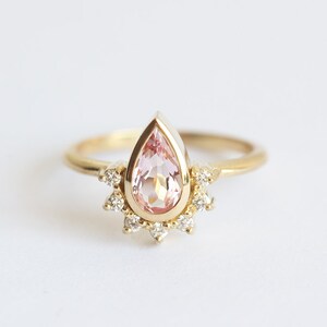 Pear peach sapphire ring, Tiara sapphire engagement ring image 3