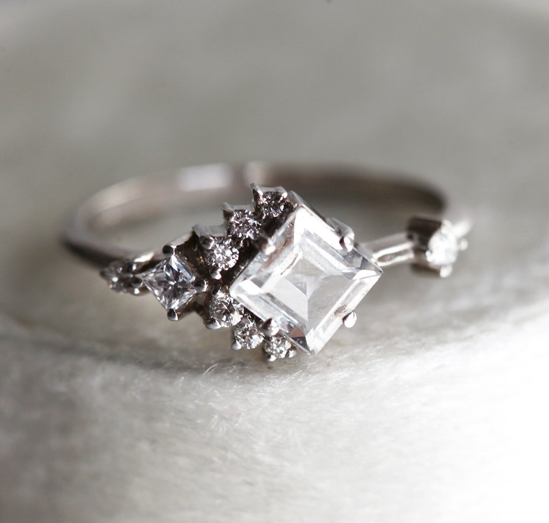 White Sapphire Engagement Ring Sapphire Diamond Ring Unique - Etsy