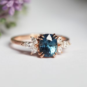 Sapphire engagement ring, Blue sapphire ring, Side diamond ring, Cushion cut ring, Flower ring image 3