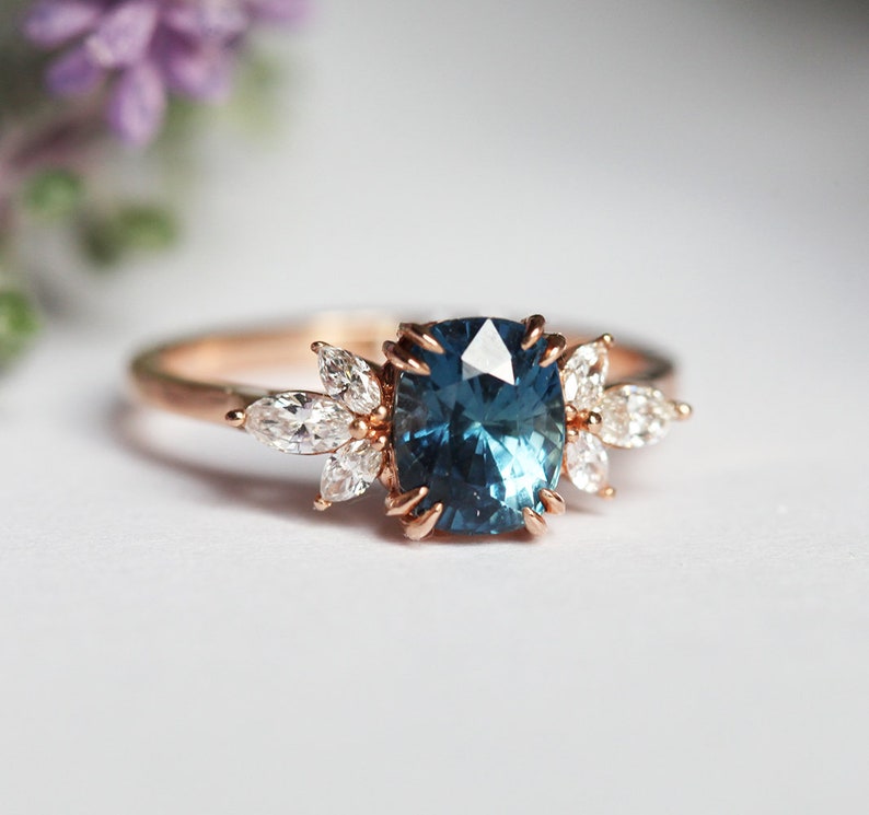 Sapphire engagement ring, Blue sapphire ring, Side diamond ring, Cushion cut ring, Flower ring image 3