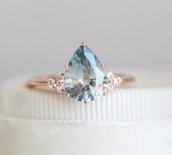 Light Jeans Blue Sapphire Ring Pear Sapphire Diamond Ring Etsy