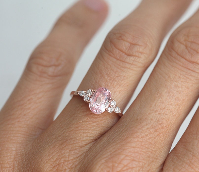 French 14K Rose Gold Three Stone Light Pink Sapphire Wedding Ring  Engagement Ring R182-14KRGLPS