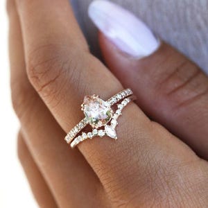 Pear peach sapphire ring set, Pear sapphire engagement ring with cluster diamond band