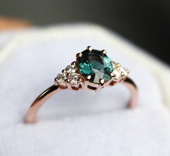 1.5ct Bague en grappe de saphir bleu vert bague de fiancailles en saphir sarcelle bague unique en saphir a grappe de diamant Etsy France