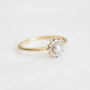 Gold Pearl Ring, Halo Diamond Pearl Ring, 14k Freshwater Pearl Ring, 18k Gold Ring image 4