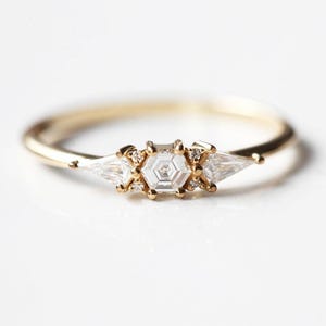 Hexagon diamond cluster ring, Art deco diamond engagement ring, Unique diamond ring with kite diamonds