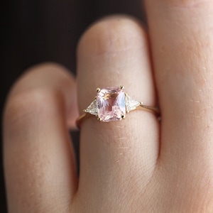 Peach Blush Sapphire Engagement Ring, Radiant Peach Sapphire Ring with Trillion Diamonds, Trillion Diamond Ring by Minimalvs image 4