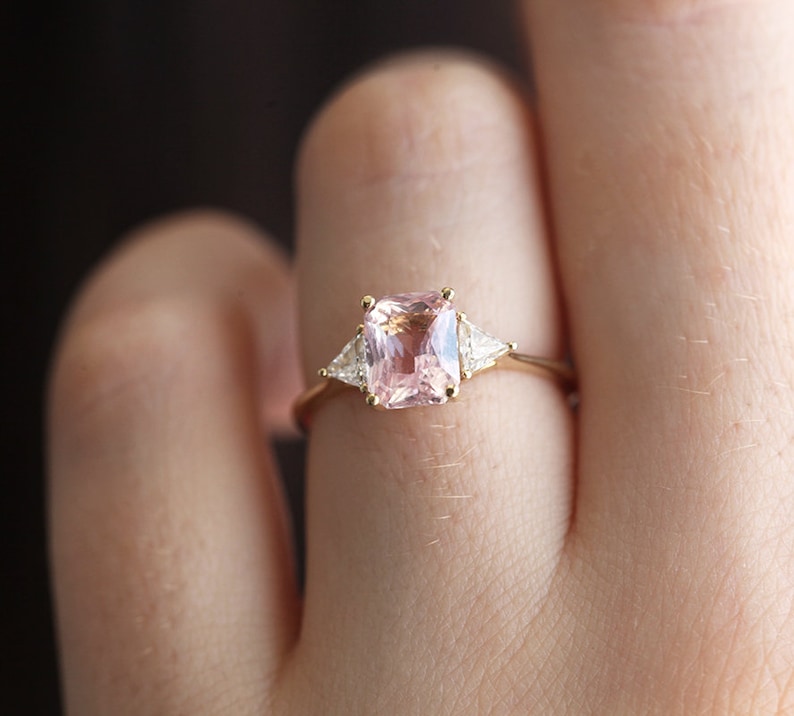 Peach Blush Sapphire Engagement Ring, Radiant Peach Sapphire Ring with Trillion Diamonds, Trillion Diamond Ring by Minimalvs image 4