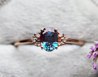 Alexandrite engagement ring, Lab or chatham alexandrite ring, Unique wedding cluster