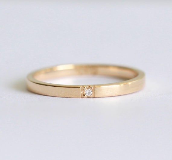 Diamond wedding band, Thin gold ring, One gemstone ring, Simple engagement  band, Flat ring