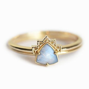 Rainbow Moonstone Ring Set. Trillion Moonstone Ring with Gold Lace Band V shaped Ring