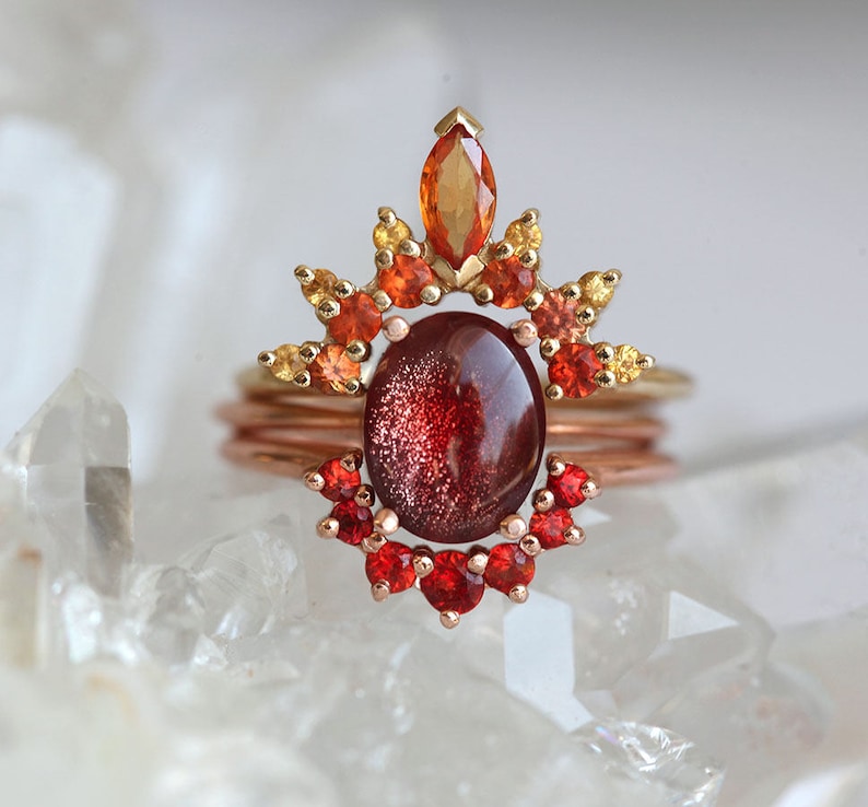 Flame Sunstone Ring Set with Oval Oregon Sunstone and Red, Fire ring Set, Orange, Yellow Sapphires, Unique Autumn Engagement Set image 2