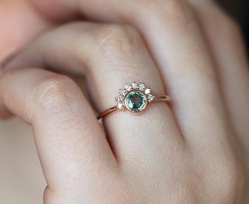 Round Sapphire Engagement Ring Rose Gold, Green Sapphire Diamond Ring, Sapphire Diamond Engagement Ring image 2