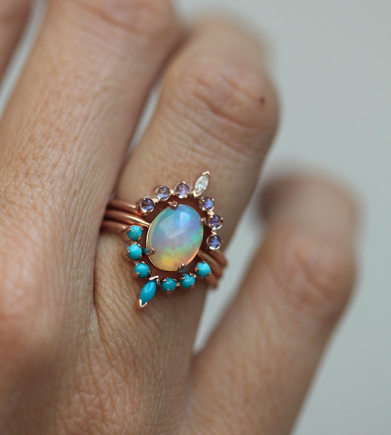 Ocean Ring Set, Engagement Ring Set with Oval Australian Fire Opal, Moonstone, Diamond & Turquoise Curved Band Rings, Bridal or Wedding Set image 1