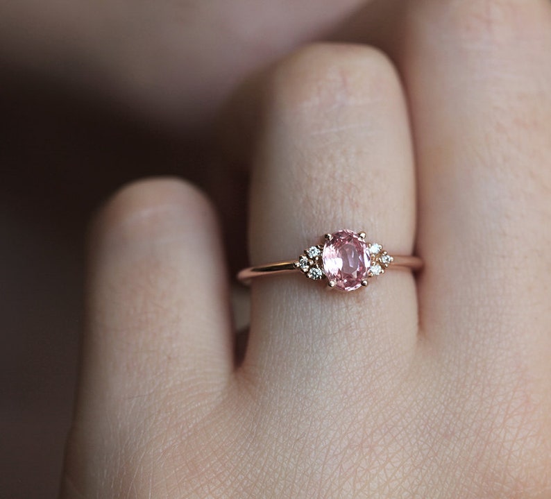 Delicate Rose Gold Peach Sapphire Ring, Pink Sapphire Diamond Ring, Rose Gold Engagement Ring image 3