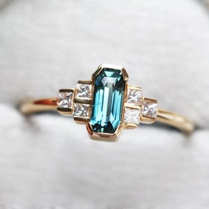 Baguette sapphire ring, Art deco sapphire engagement ring with side pricess diamonds