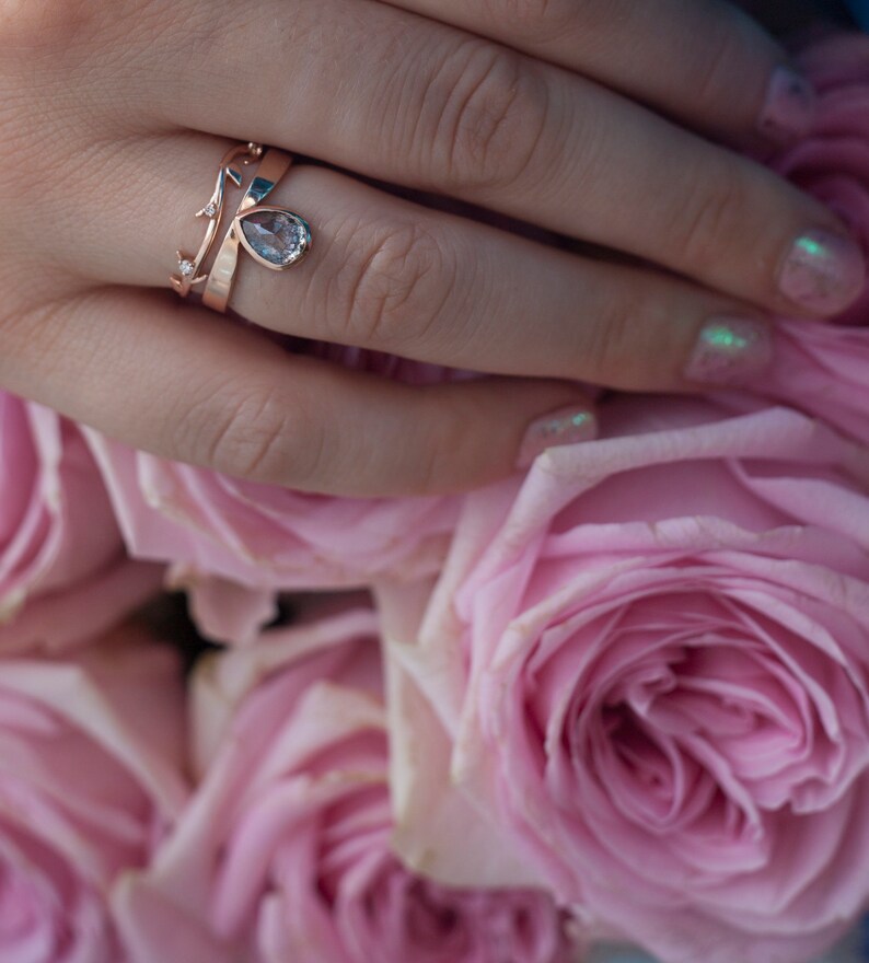 Salt and Pepper Diamond Ring, Rose Cut Pear Diamond Ring, Unique Diamond Engagement, Black, Gray Pear Diamond, 14k 18k rose yellow image 4