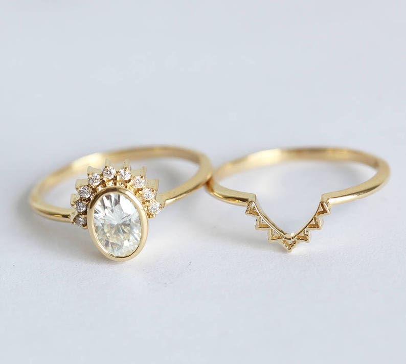 Oval Diamond Ring, Diamond Engagement Ring With Oval Cut Diamond Half Halo and curved gold Lace band image 4