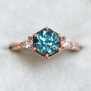 Hexagon Sapphire Engagement Ring, Teal Blue Sapphire Diamond Ring, Round Sapphire ring with side diamonds, 2ct Sapphire Ring image 7