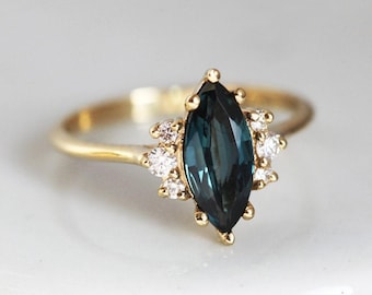 Deep Teal Sapphire Ring, Blue Green Sapphire Engagement Ring Yellow Gold, Sapphire and Diamond Ring
