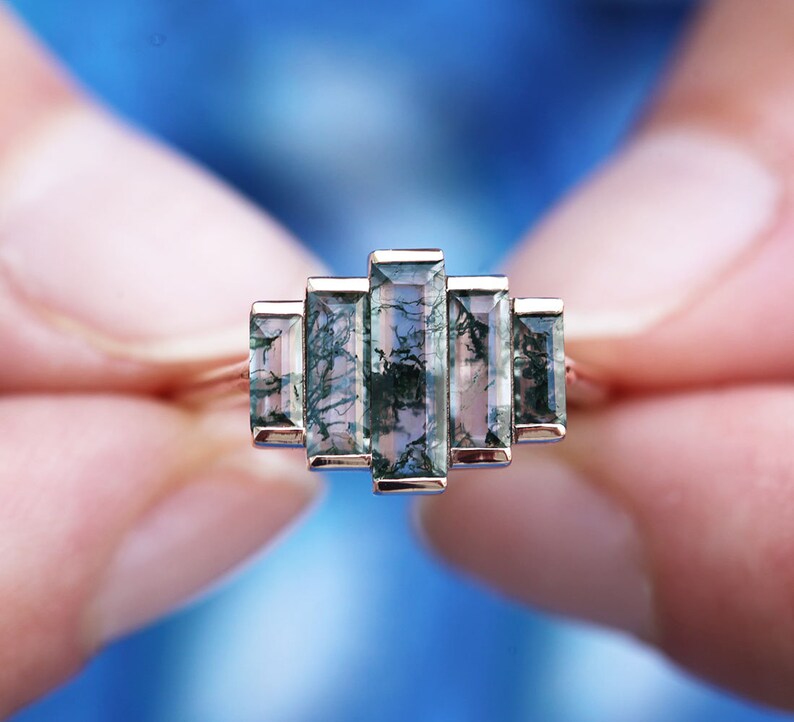 Art deco Engagement Ring Art deco Moss Agate Ring Baguette | Etsy