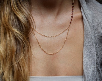 Ruby necklace, Bohemian necklace, Boho gemstone necklace, Gold layered necklace, Dainty red necklace