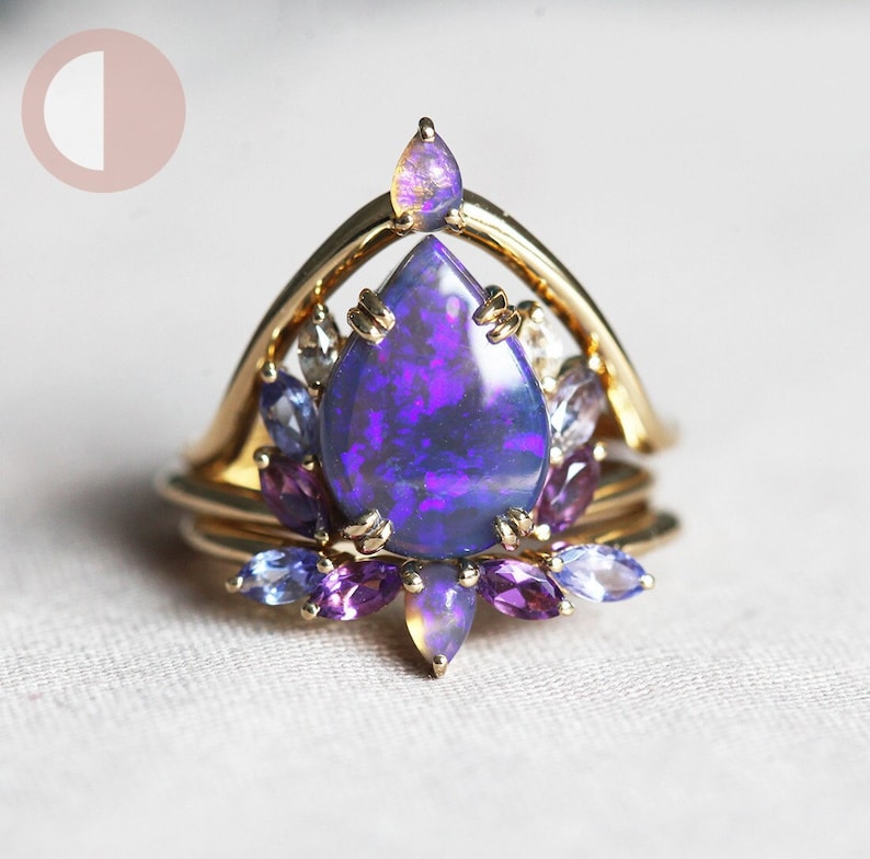 Raiven black opal ring set, Unique purple opal engagement set image 1