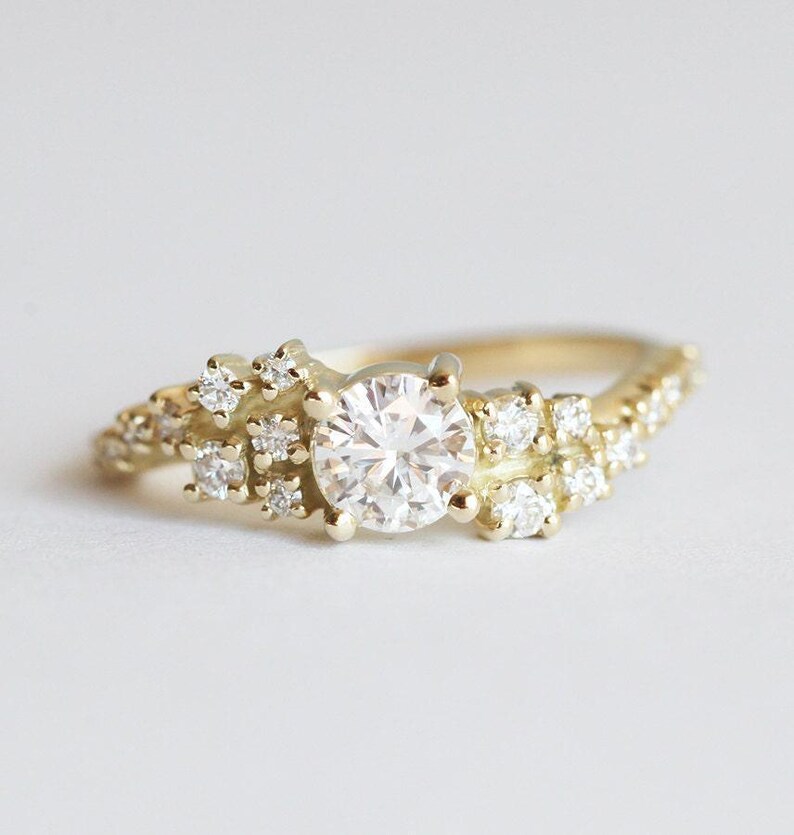 Diamond cluster ring, Moissanite engagement ring, Wave wedding ring, Unique gia bubbles ring image 1