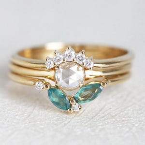 Morning Dew Wedding Ring Set, White Rose Cut Diamond Ring with alexandrite and diamond matching bands, Unique Three Ring Set By Minimalvs