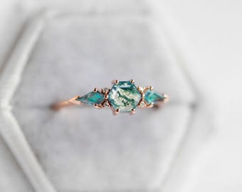 六角形のモスアゲートリング、サイドカイトアレキサンドライト