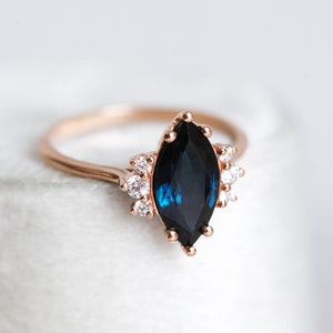 Blue sapphire diamond ring, Marquise engagement ring, Dark sapphire wedding ring, Rose gold ring image 6