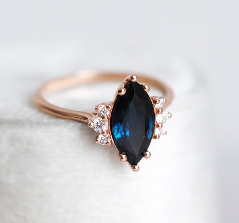 Blue sapphire diamond ring, Marquise engagement ring, Dark sapphire wedding ring, Rose gold ring image 6