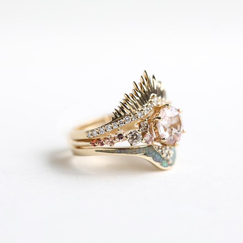 Sunset-inspired Pink Peach Sapphire Ring Set, Yellow Gold, Peach Diamond and Sapphire Accents, Opal Inlay, Natural White Diamonds