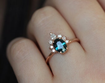 Oval Sapphire Engagement Ring, Green Blue Sapphire diamond ring, Rose Gold Sapphire Ring with Diamond Crown
