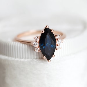 Blue sapphire diamond ring, Marquise engagement ring, Dark sapphire wedding ring, Rose gold ring image 7