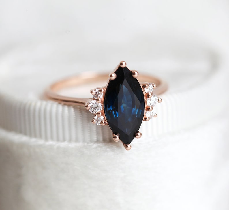 Blue sapphire diamond ring, Marquise engagement ring, Dark sapphire wedding ring, Rose gold ring image 7